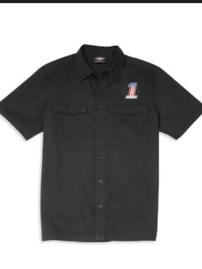 Harley Davidson Men's Black Short-Sleeve Work Shirt with Flag Patch